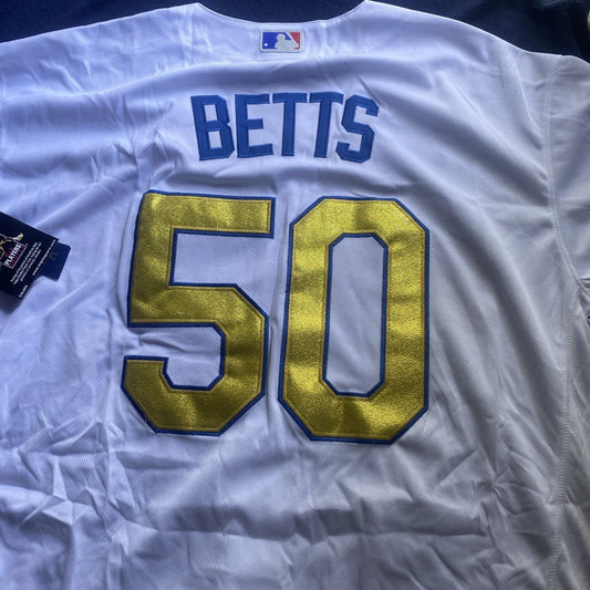 Mookie Betts #50 Dodgers 2020 World Series Champions White Gold MLB Jersey(L)