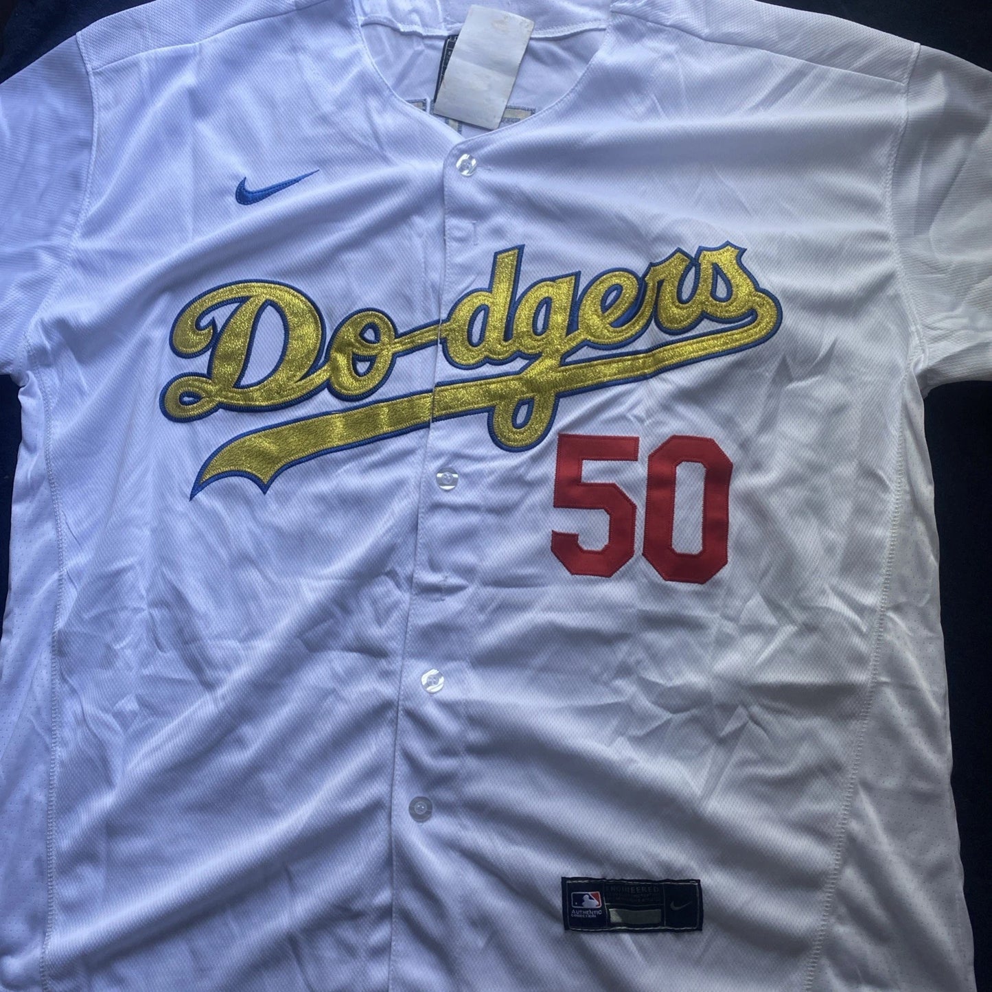 Mookie Betts #50 Dodgers 2020 World Series Champions White Gold MLB Jersey(L)