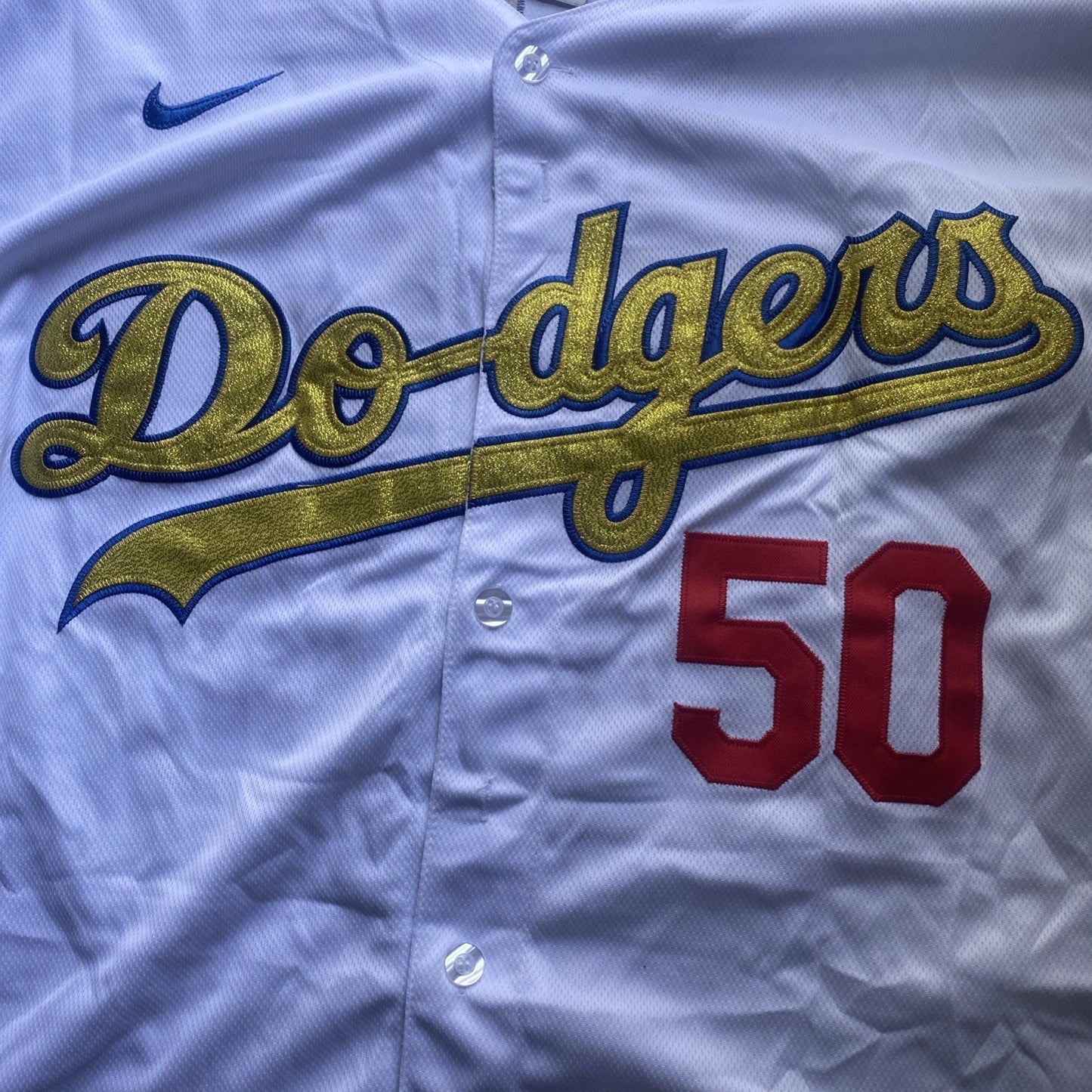 Mookie Betts #50 Dodgers 2020 World Series Champions White Gold MLB Jersey(L)